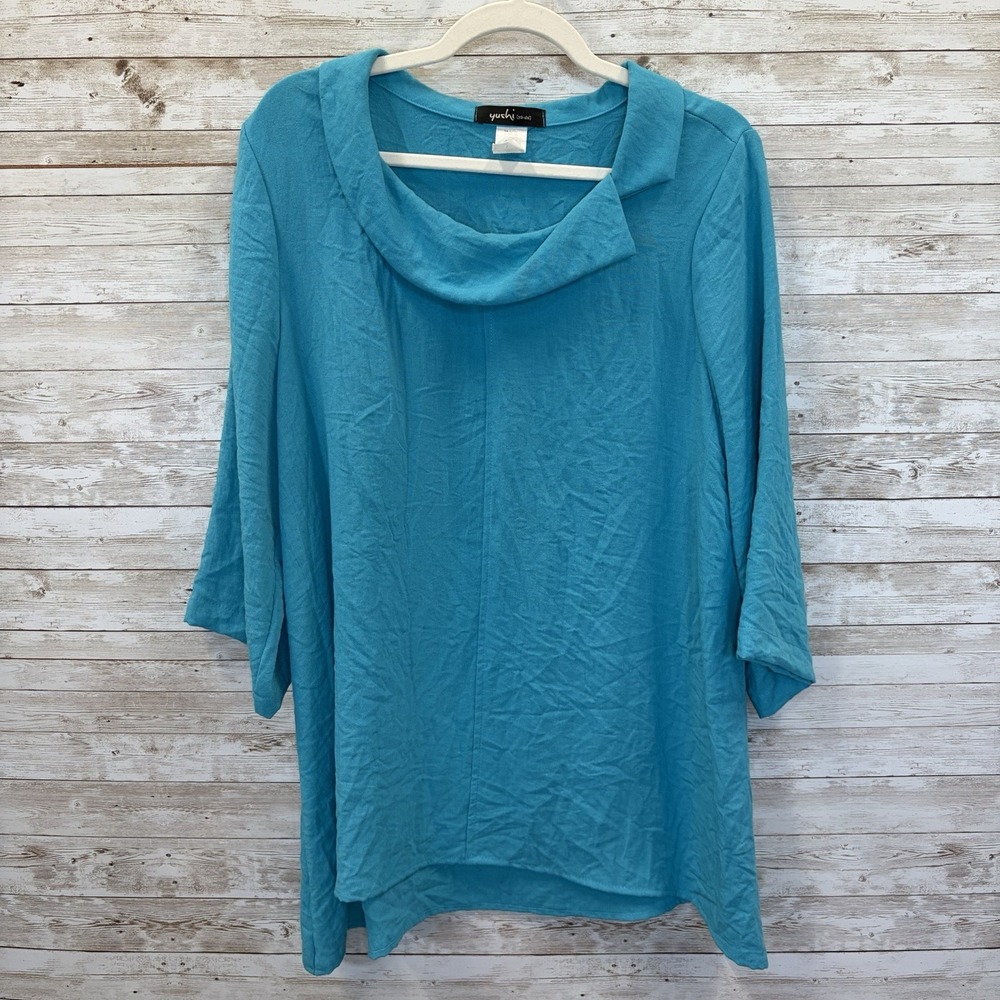 Vtg 90s Yushi Womens L Tunic Top Turquoise Cowl Neck 3/4 Sleeve Lagenlook Boho